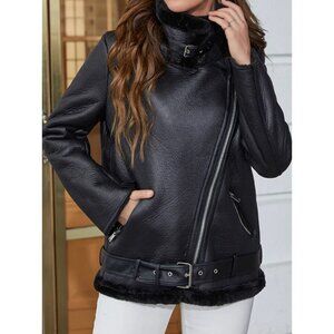 Black Faux Leather Sherpa Fur‎ Jacket Moto Biker Zip Up Collared Winter Coat
